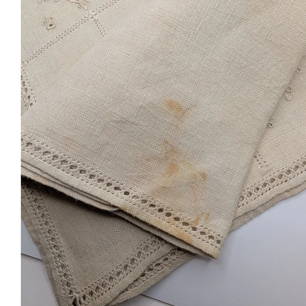 Vtg Set 12 Napkins Beige Linen Embroidered Lace Victorian 16